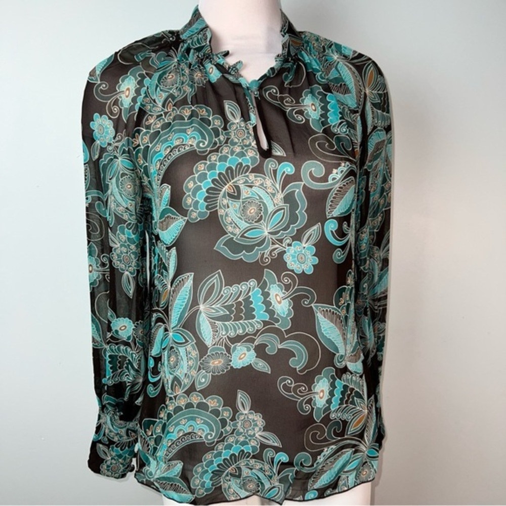 Trina Turk 100% Silk Blouse Black Teal Floral Sheer Long Sleeve Ruffle Size P